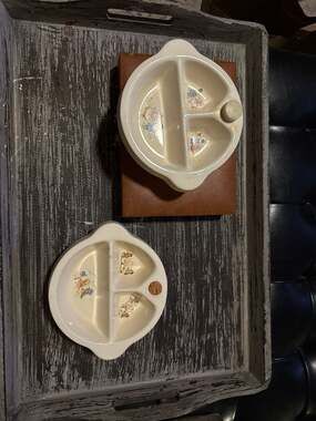 Set of 2 Vintage 1940s Excello Ceramic Divided Baby Warming Dishes - Dutch Child